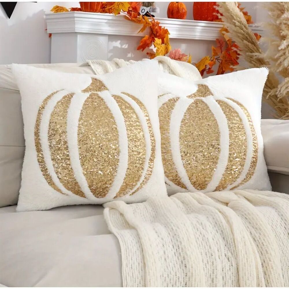 2 Pack Chic Halloween Pumpkin Gold Sequin Soft Pillow Covers 18x18" White Party